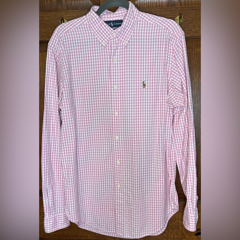 Ralph Lauren Pink And White Plaid Mens Classic Fit Size Med Shirt